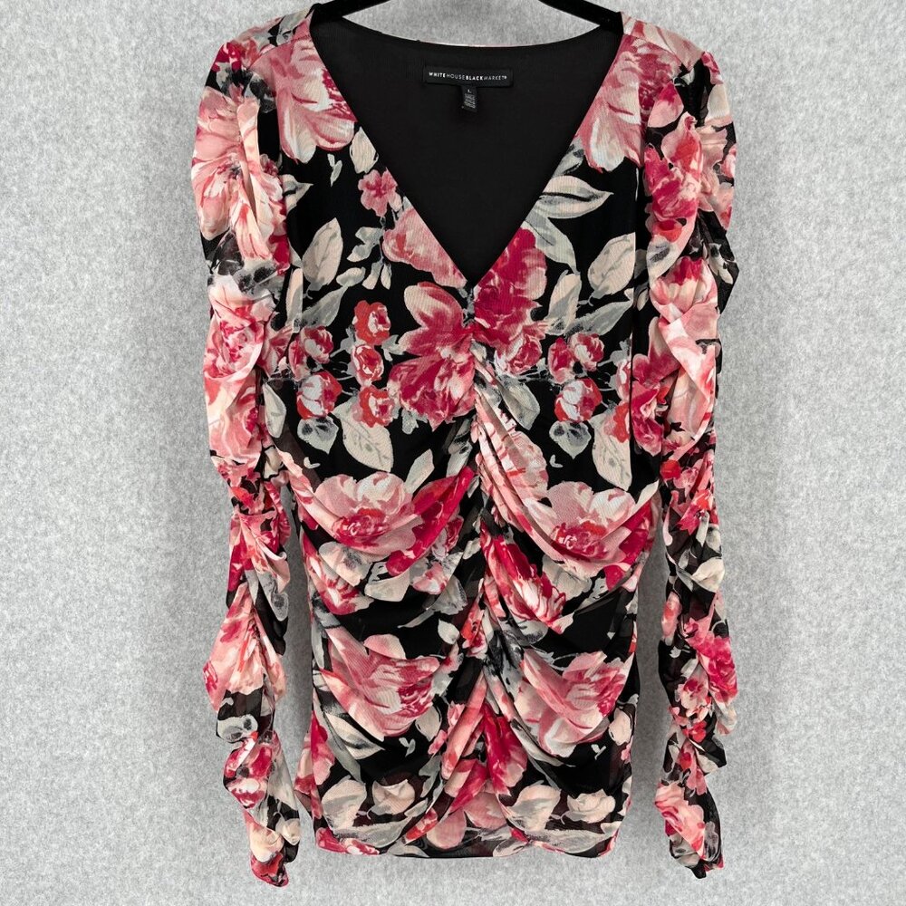 90’s chic vintage WHBM Floral Ruched Top - Black and Pink and Re, pristine ❤️👌